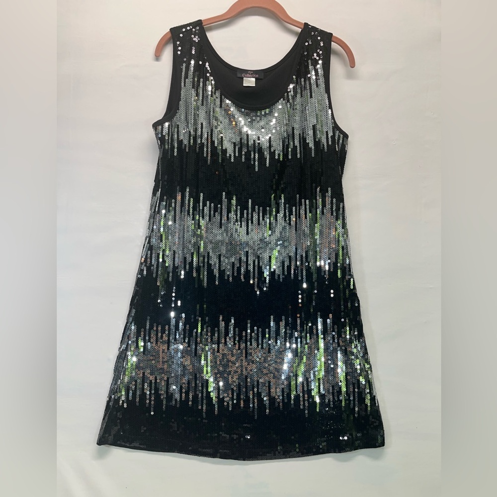 PINK COLLECTION SEQUINS DRESS WOMEN L BLACK/SILVER BLINGY COCKTAIL PARTY FLASHY
